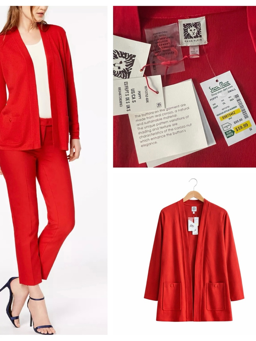 NWT Anne Klein Poppy Red Open Cardigan